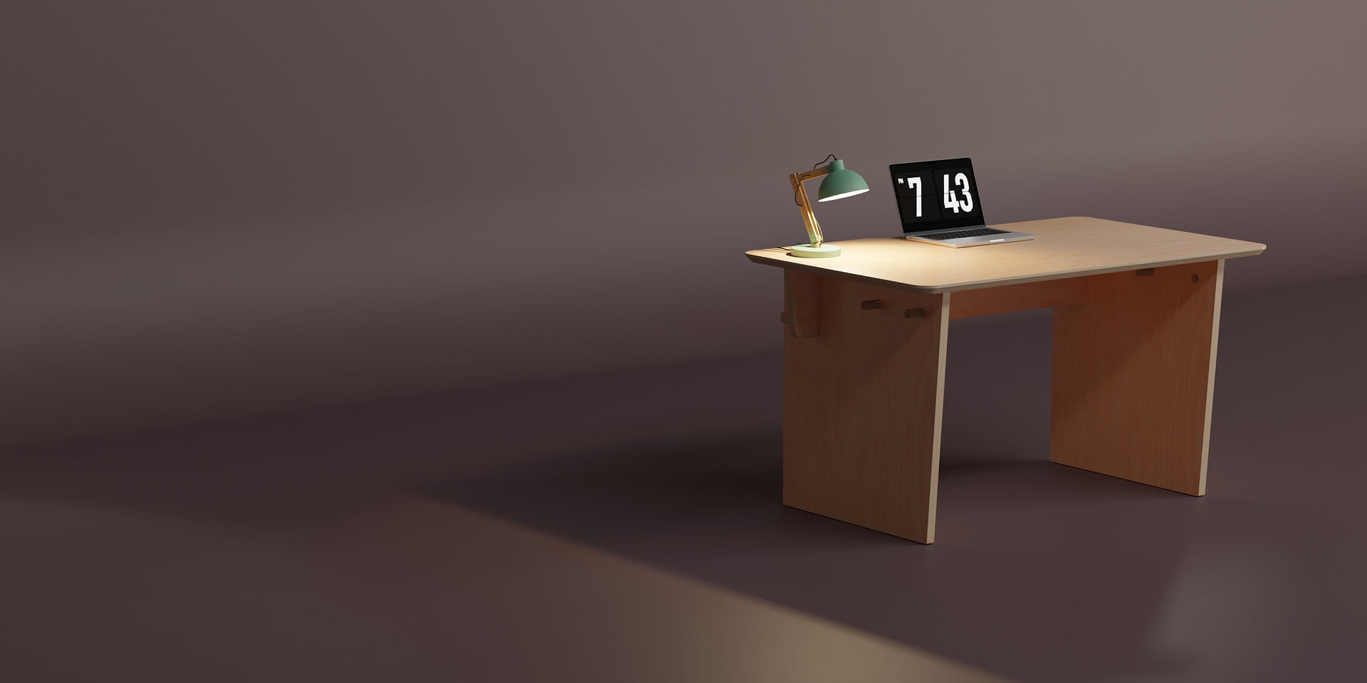 The Ecosium Stubby desk made from sustainable timber in Australia sitting on a muave background with a green desk lamp and an Apple laptop
