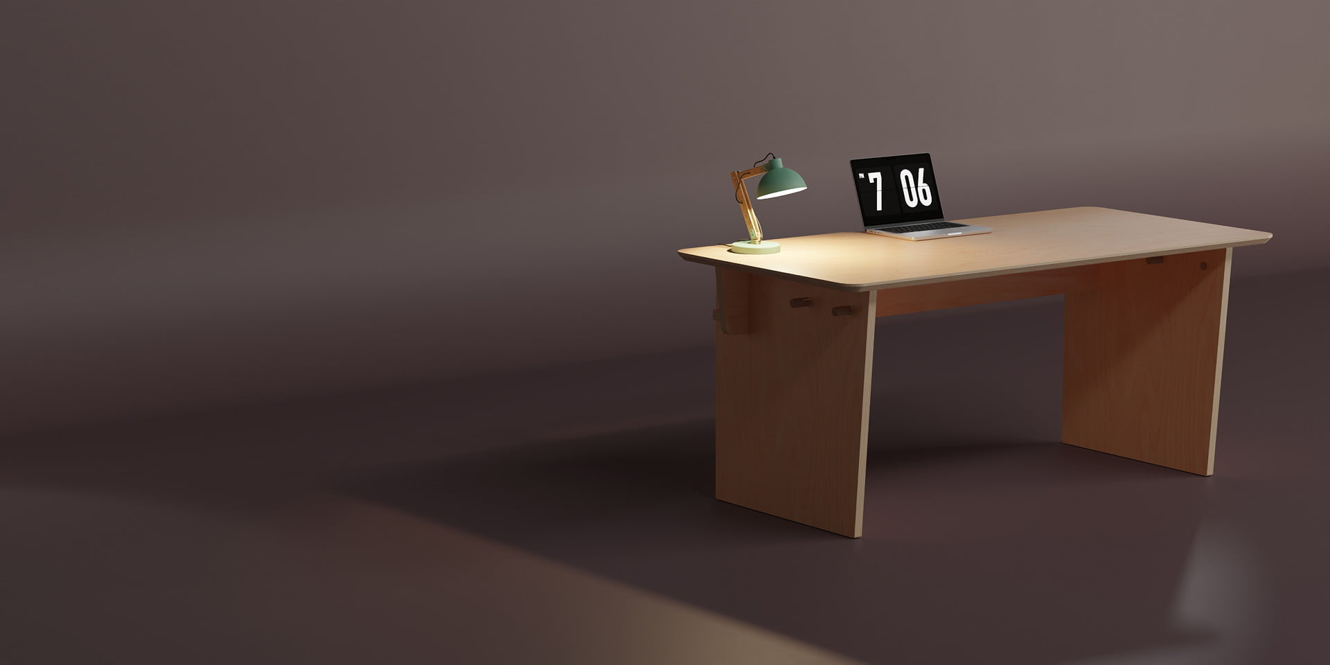 The Ecosium Big desk made from sustainable timber in Australia sitting on a mauve background with a green desk lamp and an Apple laptop