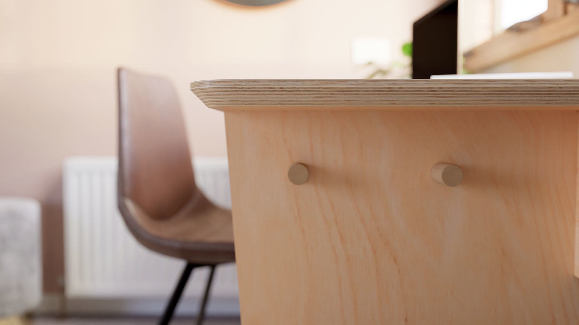 A closeup of the side of the sustainable Australian made Small Desk by Ecosium showing the strength of the timber used