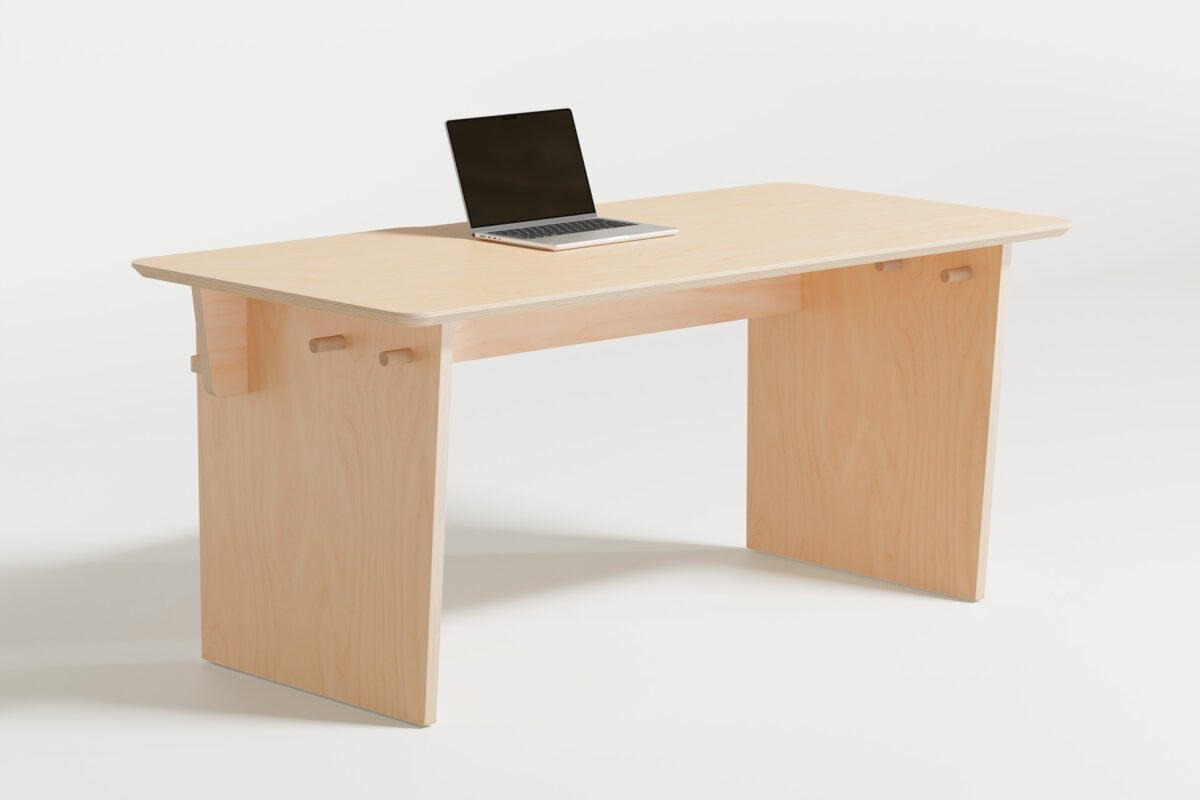 The Ecosium Big Sustainable Desk in a standard light timber colour finish on a light grey background.
