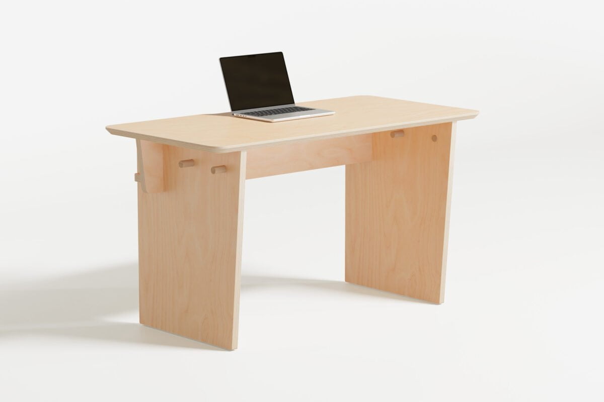 The Ecosium Small Sustainable Desk in standard light timber finish on a light grey background.